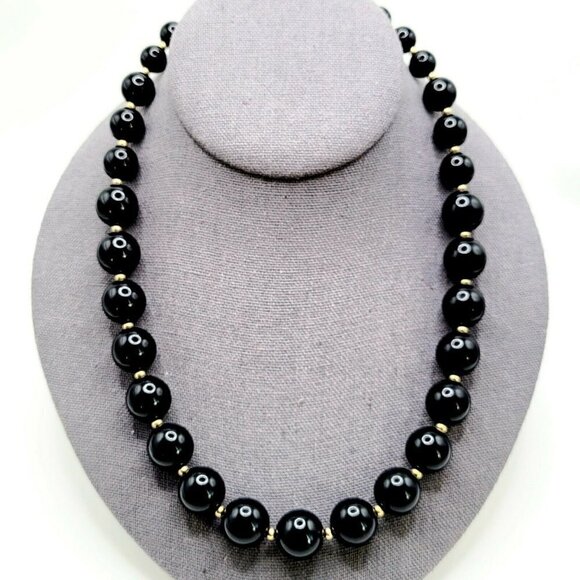Vintage Monet Black Lucite Beaded Necklace Graduated 19" Gold Tone Sister Clasp - Picture 1 of 6
